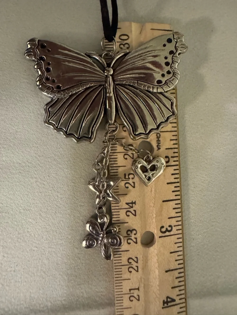 Double-Sided Butterfly Pendant Necklace with Charm Drops - Silver Tone